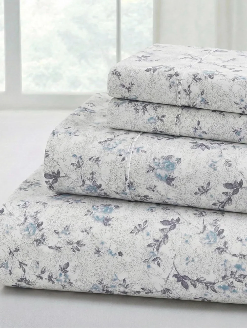 Floral Microfiber Sheet Set in Light Blue and Gray - Soft Printed Bedding